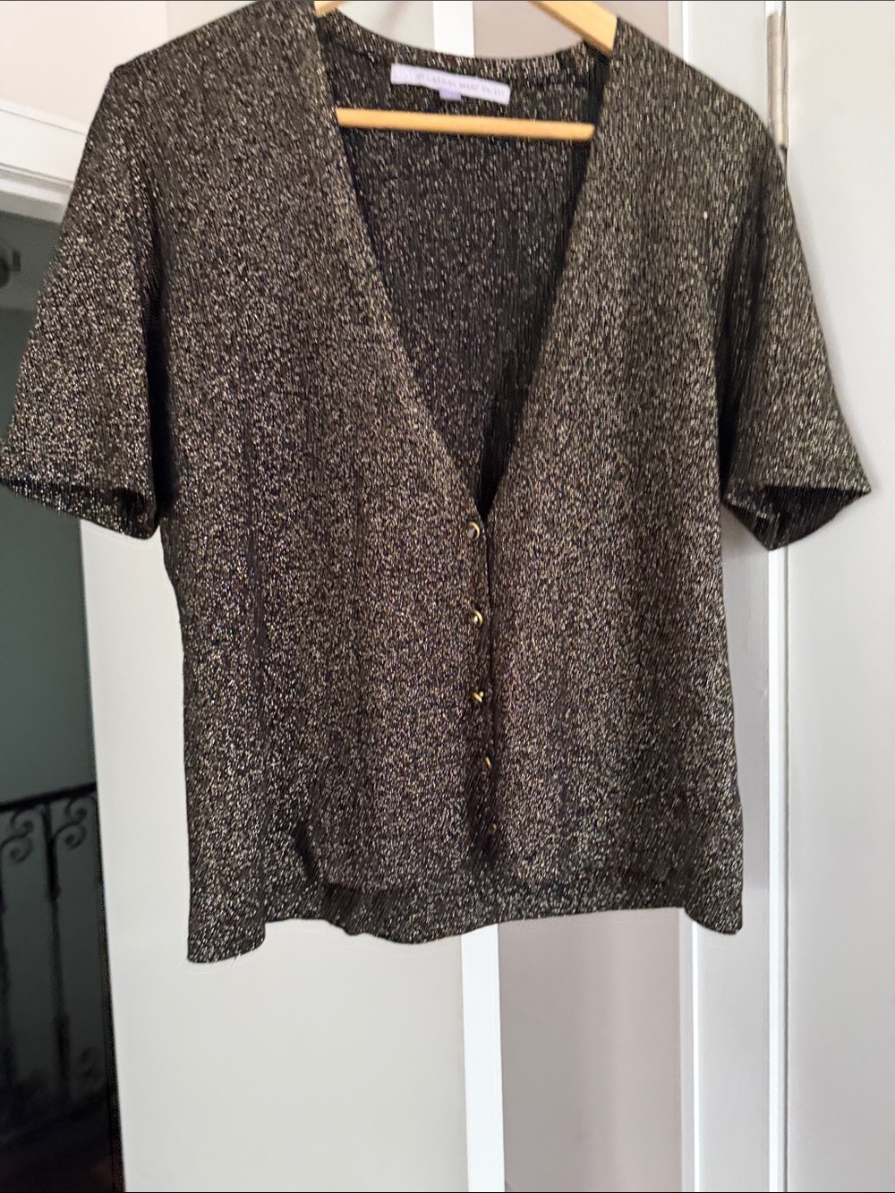 Carmen Marc Valvo Black Metallic Button-Front Top size L